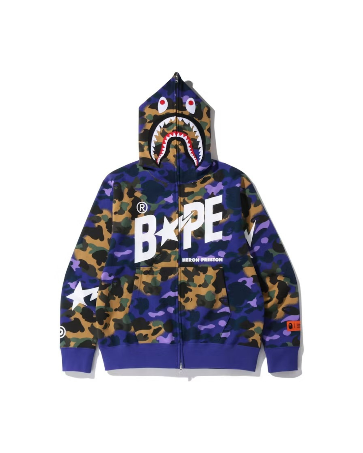 Bape x Heron Preston Camo Shark Full Zip Hoodie - "Purple"